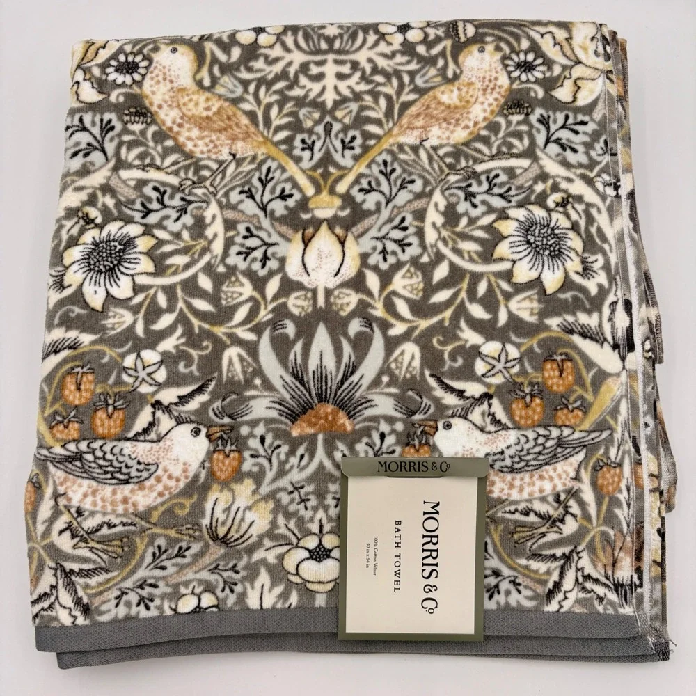 William Morris & Co Set of 2 Strawberry Thief Bath Towels Grey Cotton Velour
